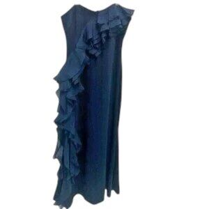 Badgley Mischka Collection Gown Size 6 Navy Strapless Soft Side Ruffle Black Tie